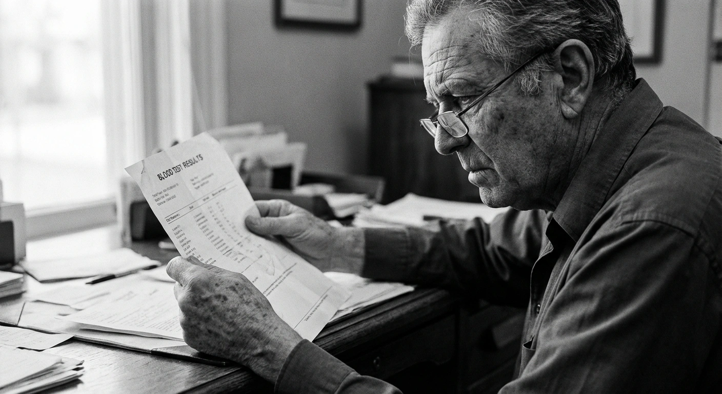Man in his late 40s reviewing blood test results at a doctor's desk, black and white documentary photograph