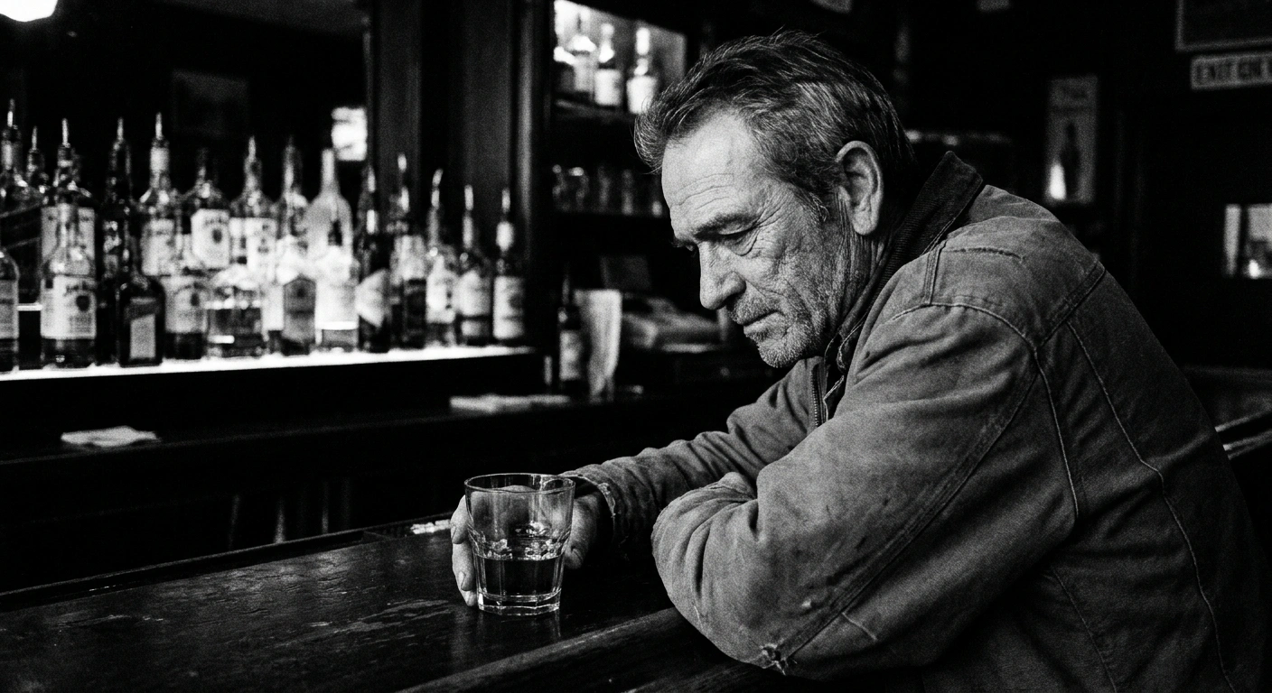 Man in his late 40s sitting at a bar with an untouched whiskey glass, looking reflective, unretouched black-and-white documentary photograph