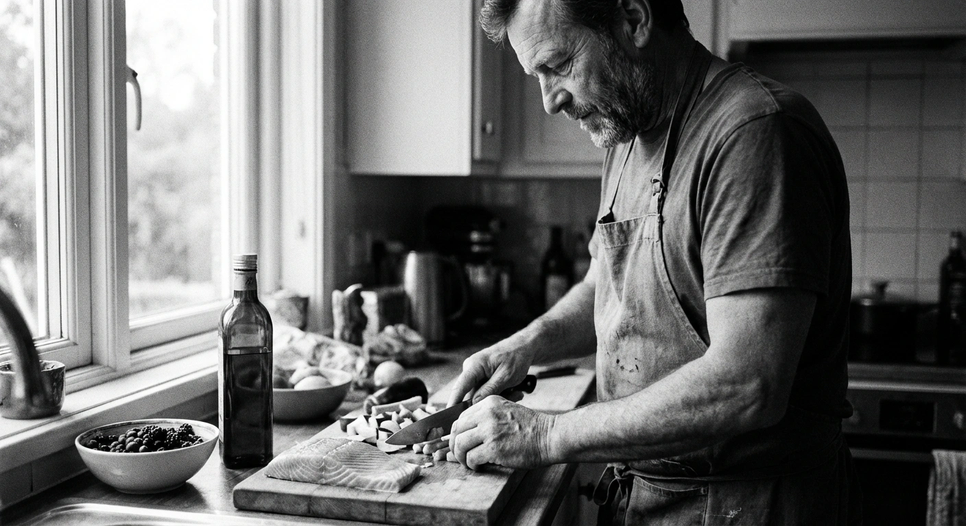Black and white documentary photograph of a man in his 40s preparing an anti-inflammatory meal in a home kitchen, chopping vegetables with salmon and olive oil on the counter