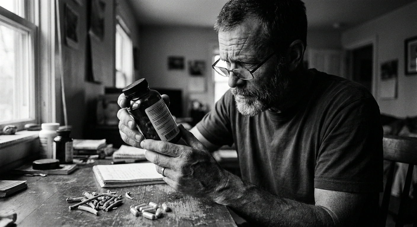 Middle-aged man with salt-and-pepper beard at a wooden desk holding an amber supplement bottle, dried ashwagandha root visible nearby, black-and-white documentary photograph