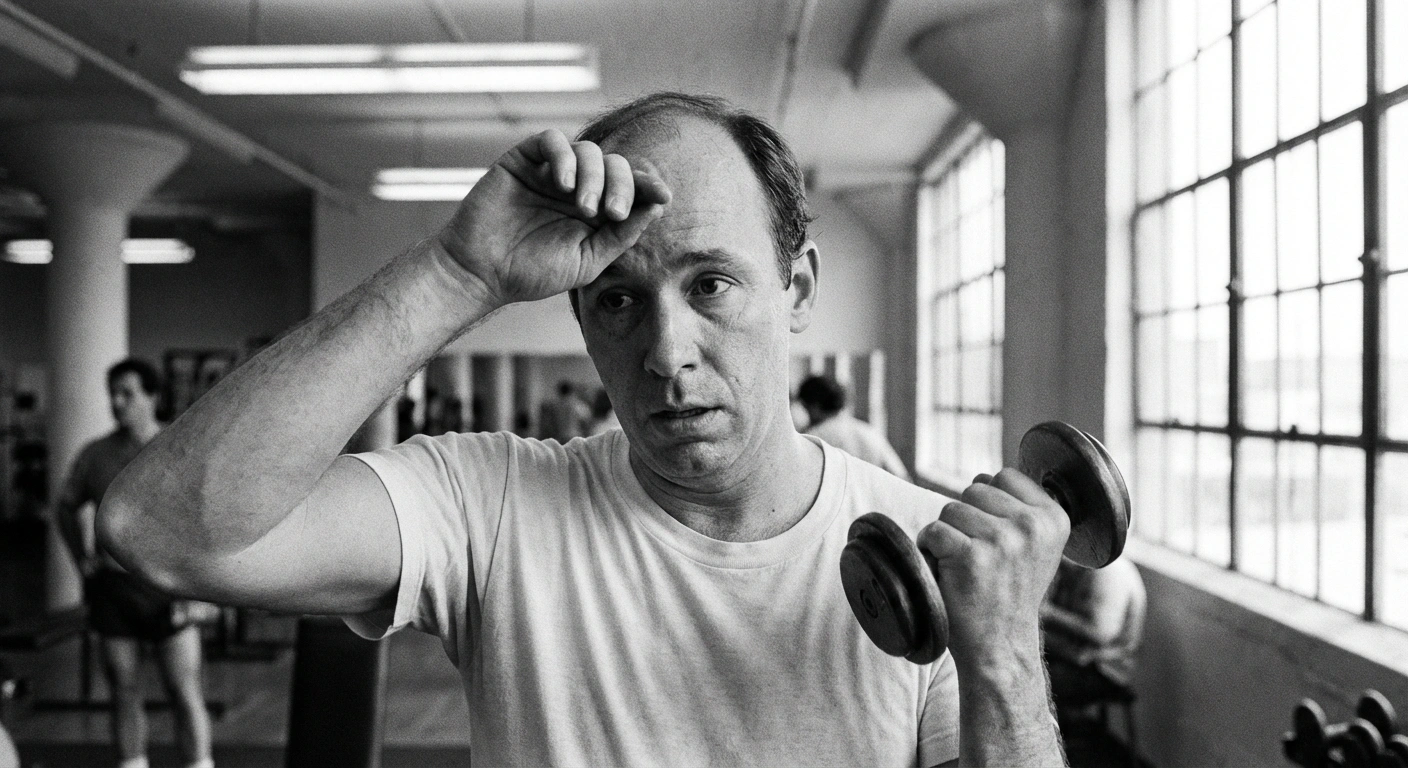 Black and white documentary photograph of a man learning to use dumbbells in a gym, editorial style