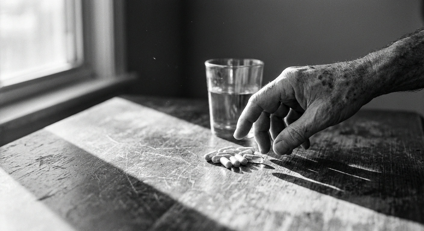 Black and white editorial photograph of supplement capsules on a weathered wooden table with a man's hand reaching for them