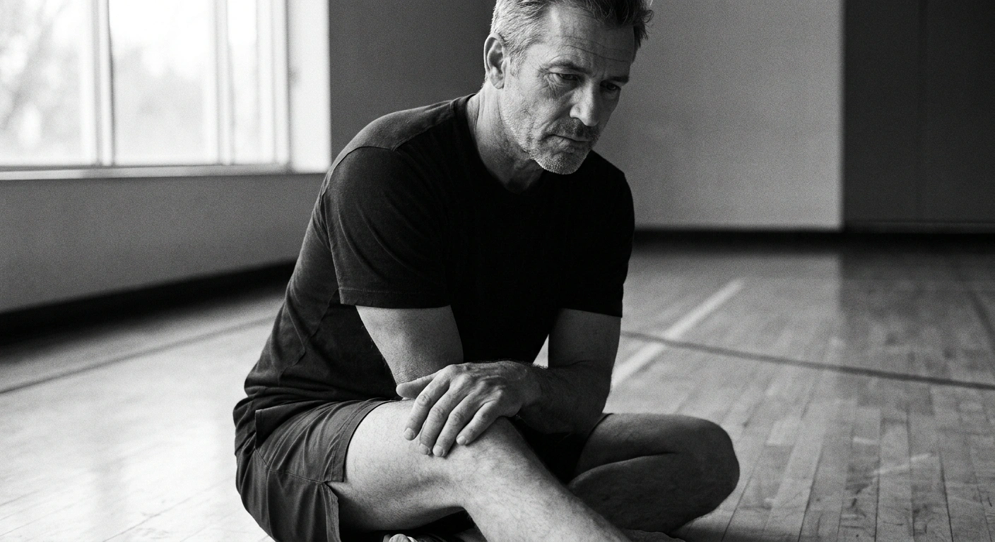 Man in his 50s performing a deep hip stretch on a hardwood gym floor