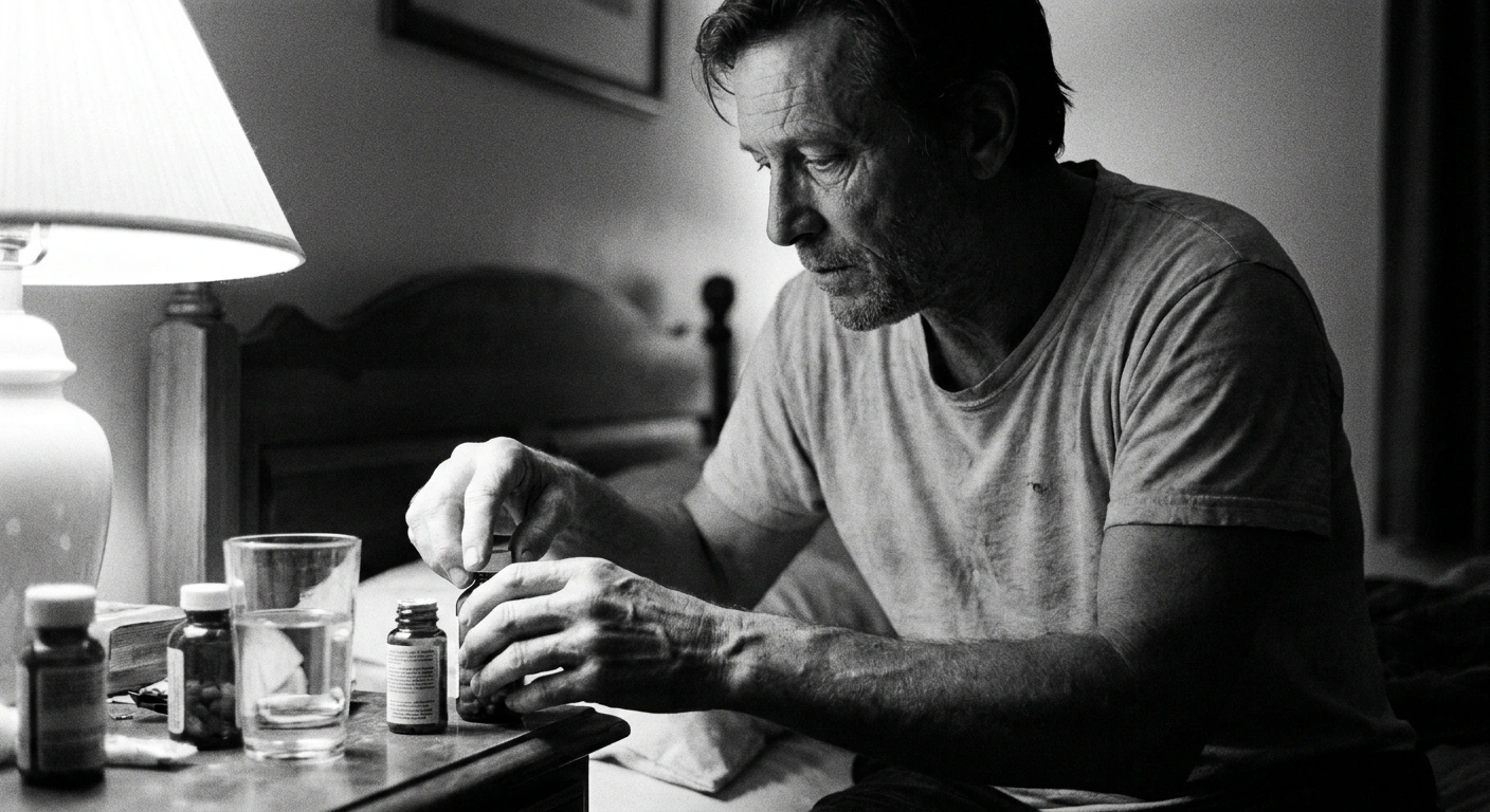 Black and white documentary photograph of a man placing sleep supplement bottles on a nightstand before bed
