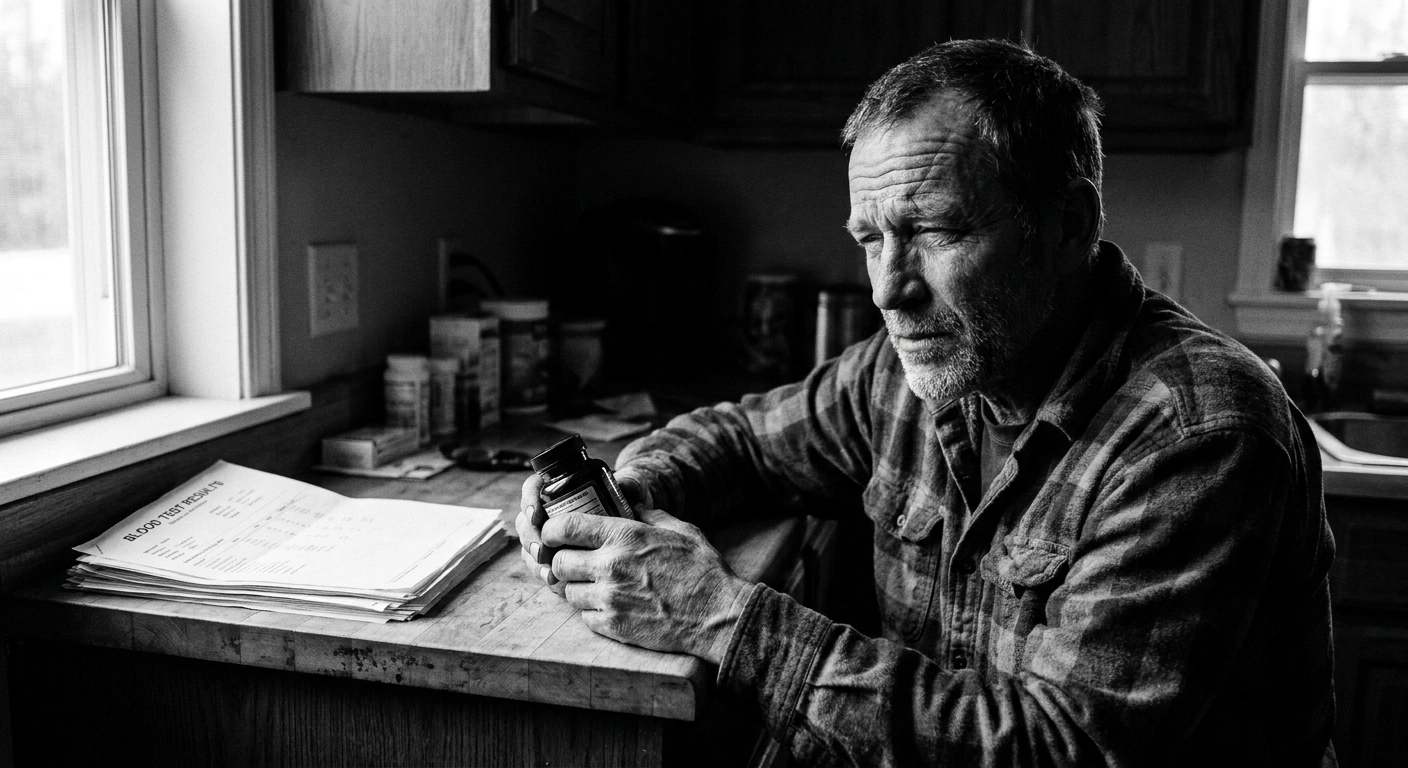 Middle-aged man in his late 40s reviewing supplement labels at a kitchen counter, black-and-white documentary photograph