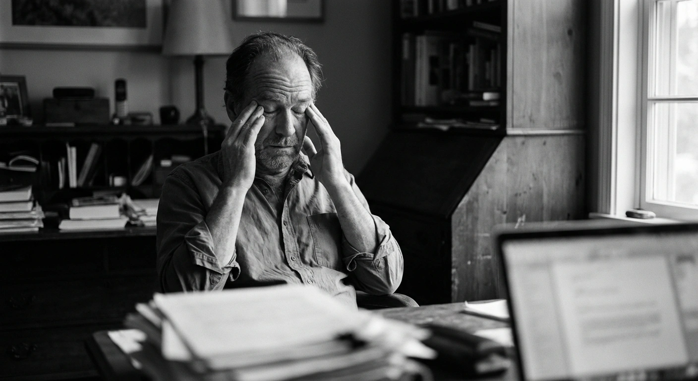 Black and white documentary photograph of a middle-aged man at a desk rubbing his temples with paperwork scattered around him, photojournalistic style
