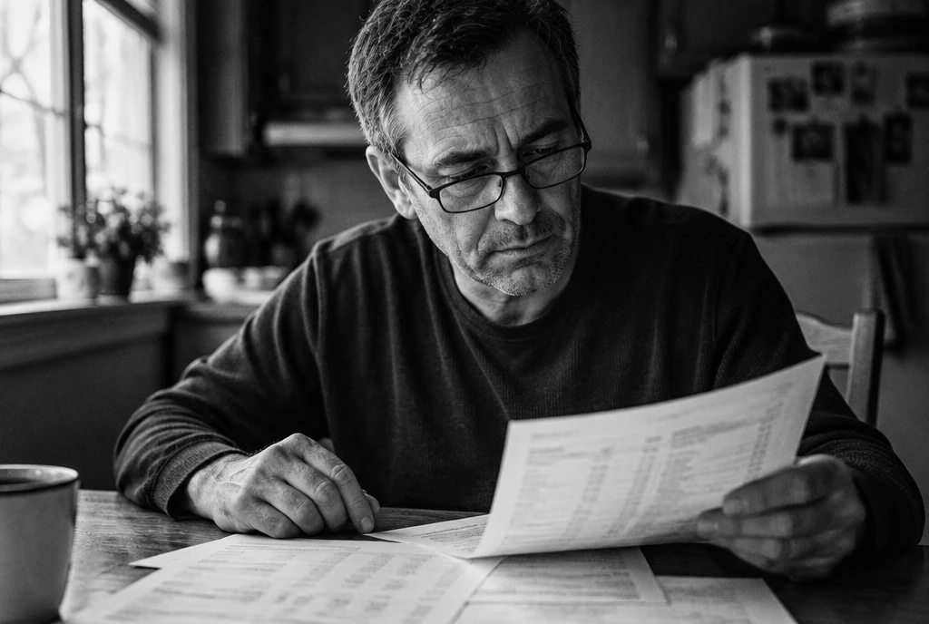 Man in his late 40s at a kitchen table reviewing blood test results, reading glasses on, black-and-white documentary photograph shot on Leica M6