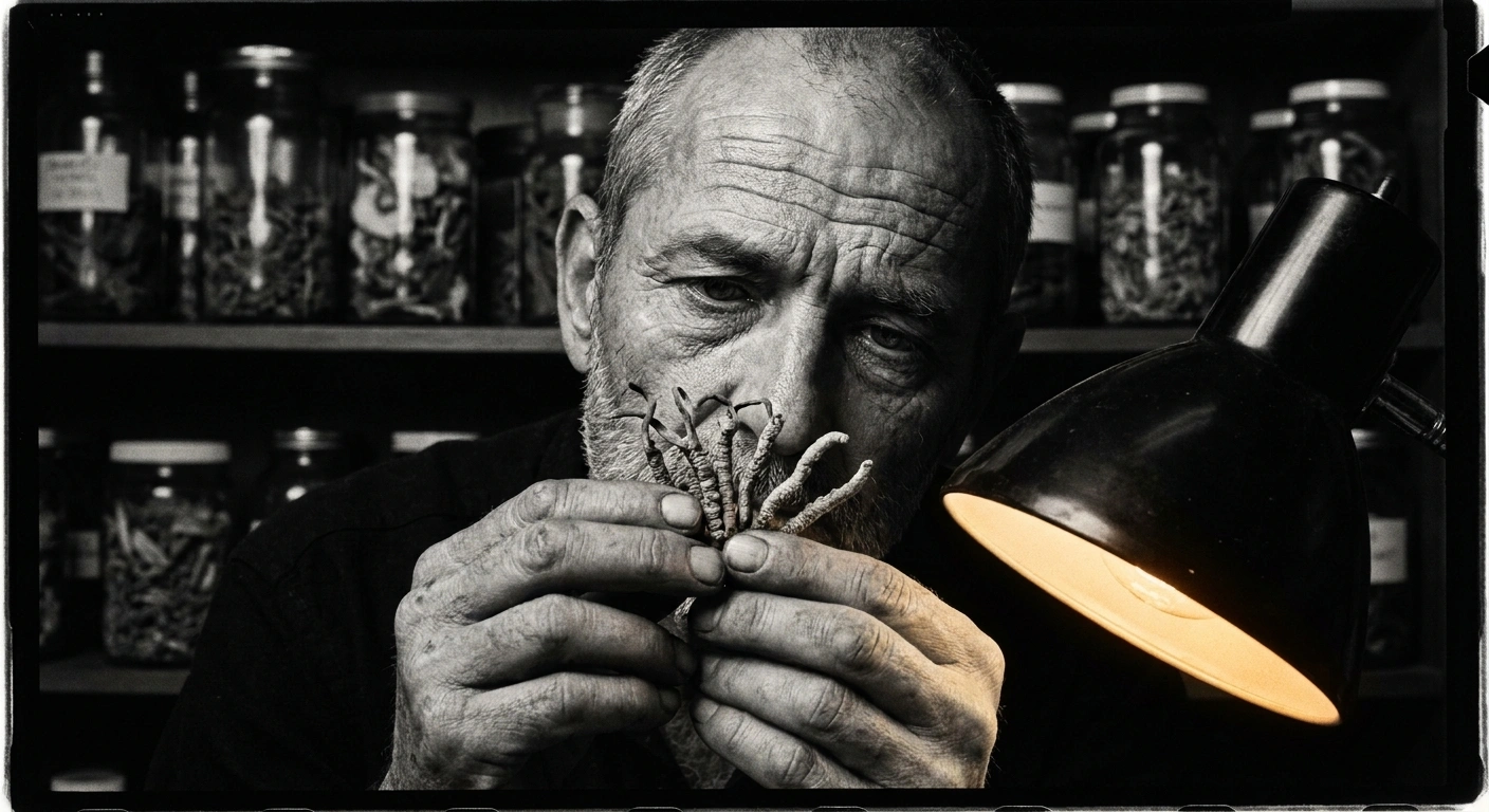 Middle-aged man in a dim workshop examining dried fungi under a magnifying glass, documentary black-and-white photograph with grain and shadow detail