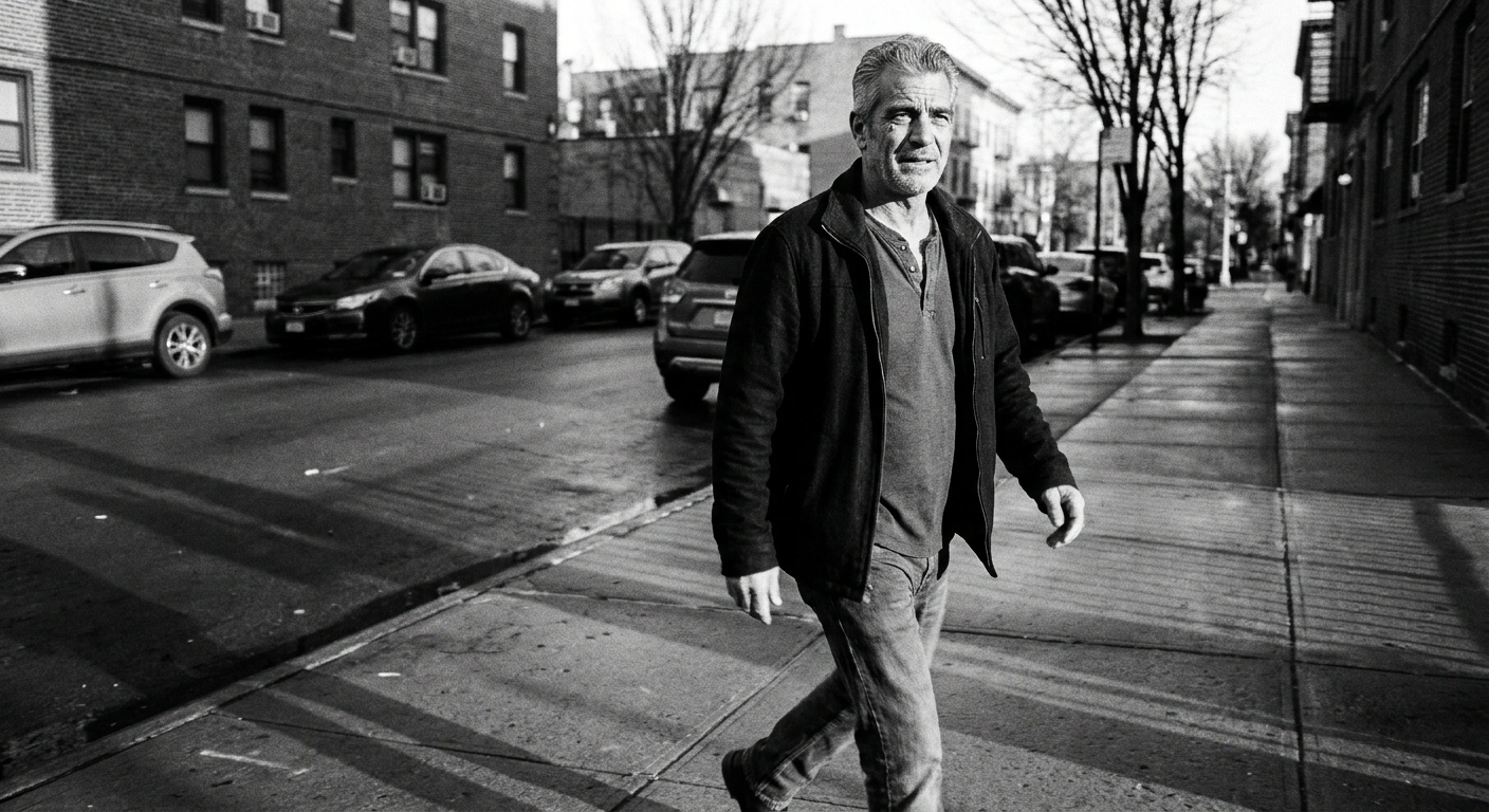 Middle-aged man walking purposefully on an urban sidewalk, captured in documentary black-and-white photography