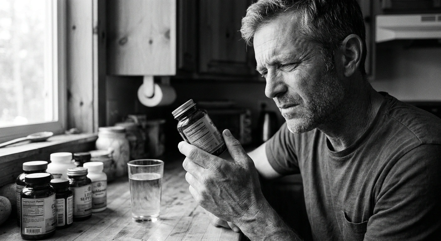 Man in his mid-40s in a kitchen examining supplement bottles, black-and-white documentary photograph