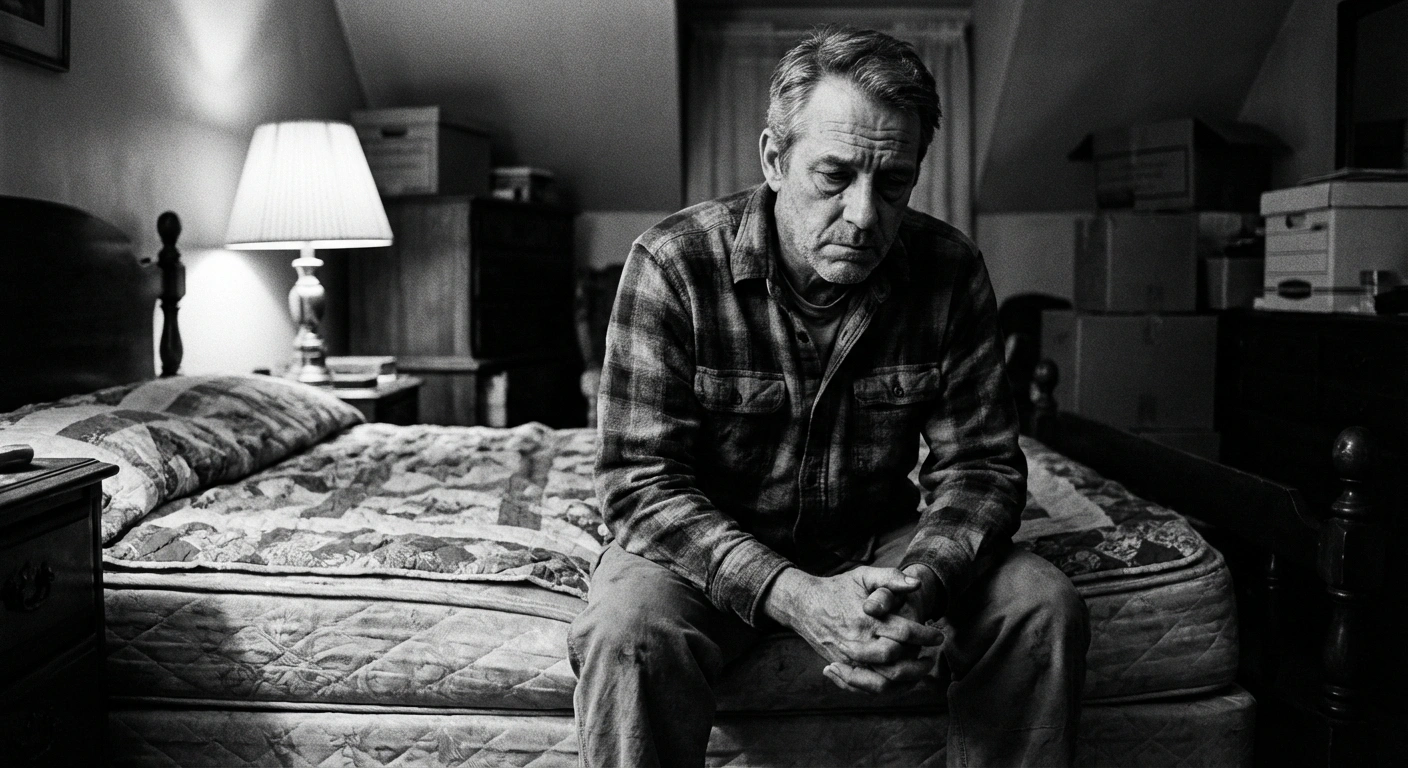 Black and white documentary portrait of a middle-aged man sitting on the edge of a bed in contemplation, dimly lit bedroom