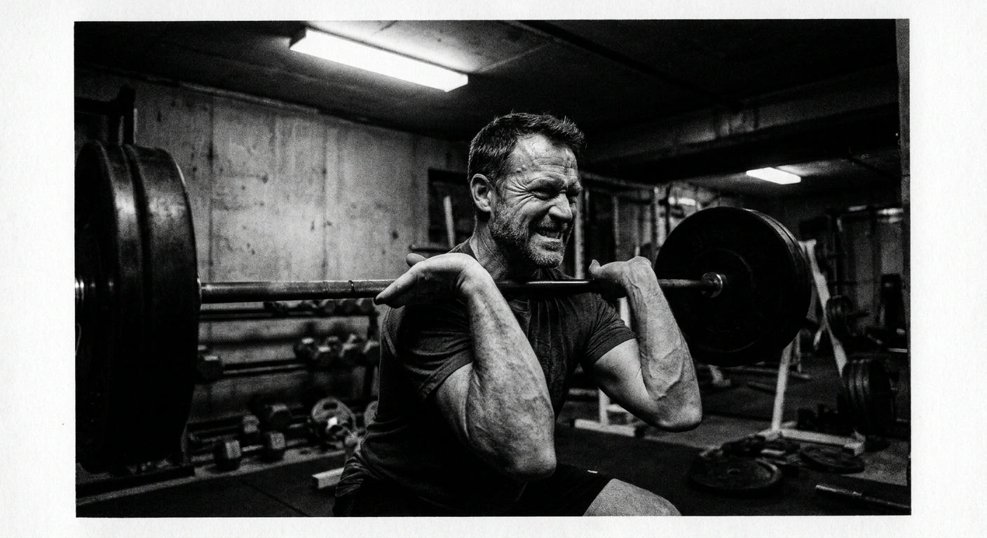 Man in his mid-40s performing a heavy barbell squat in a worn gym, black-and-white documentary photograph, Kodak Tri-X 400 grain, natural overhead light, unretouched