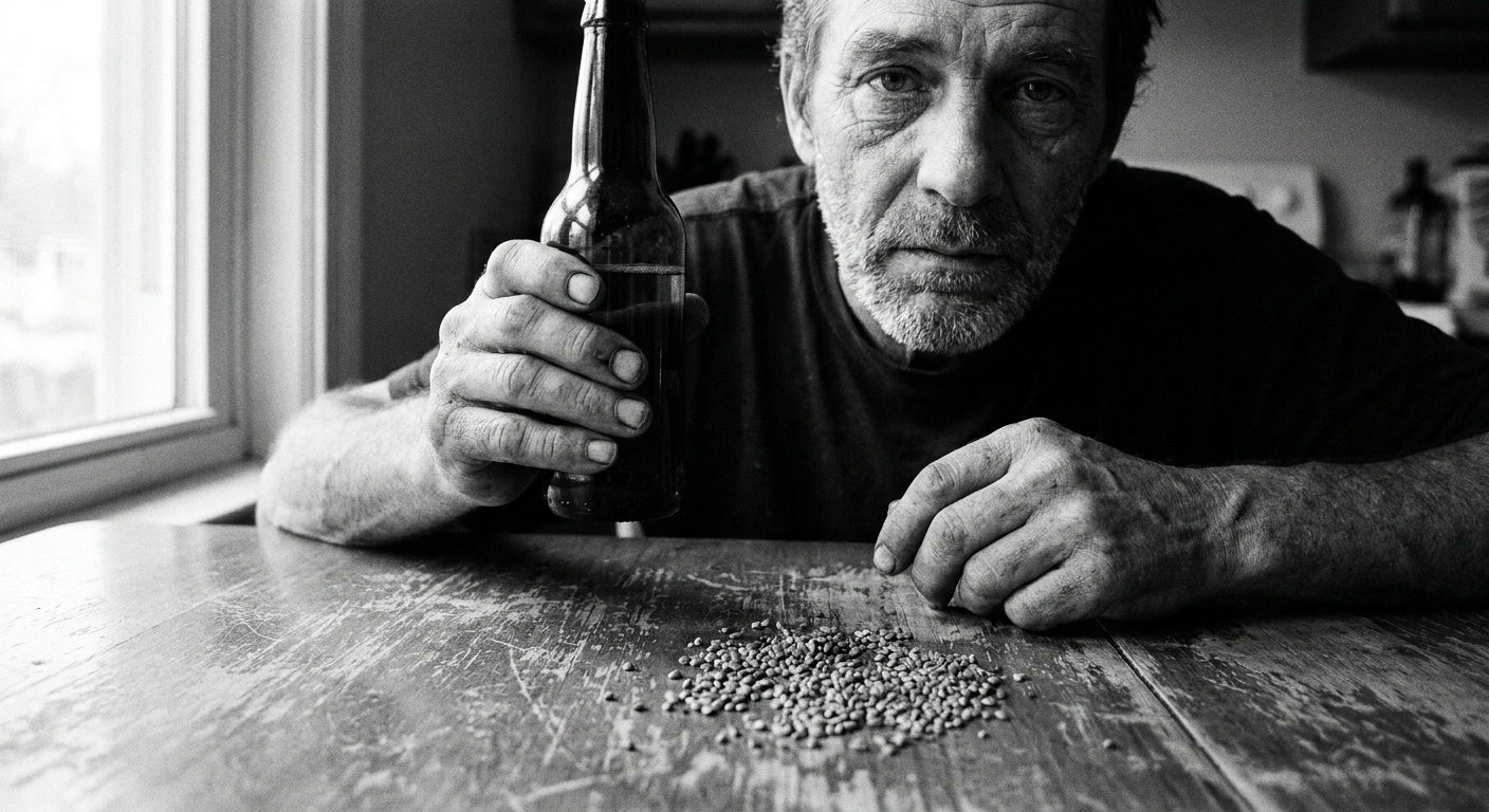 Middle-aged man with salt-and-pepper stubble at a wooden kitchen table with fenugreek seeds and an amber supplement bottle, black-and-white documentary photograph