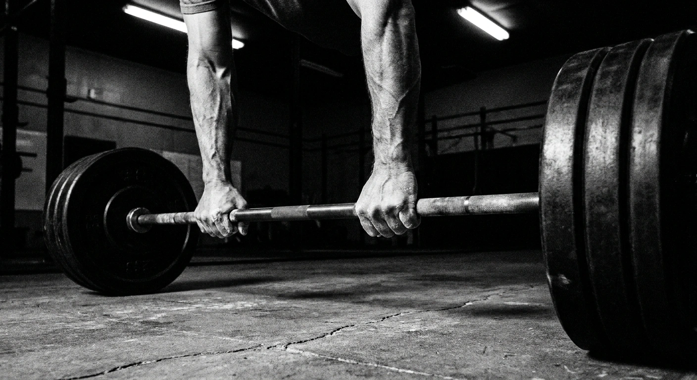 Man in his late 40s gripping a steel bar during a deadlift, forearms visible, shot in high-contrast black and white documentary style