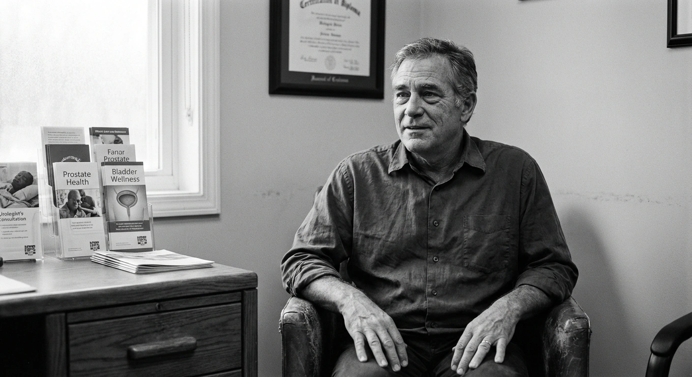 Black and white documentary photograph of a middle-aged man in a hospital waiting room filling out a medical intake form under fluorescent lighting