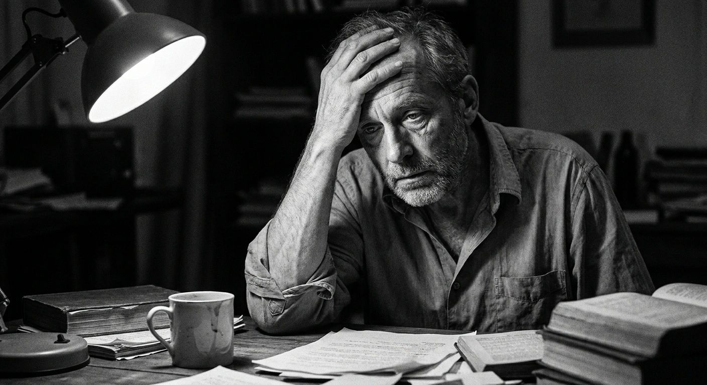 Man in his mid-40s sitting at a desk late at night with his head in his hands, exhausted, unretouched black-and-white documentary photograph