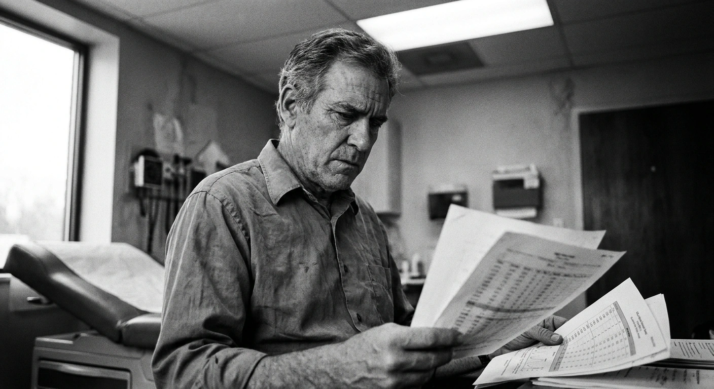 Man in his mid-40s at a doctor's office reviewing hormone lab results, unretouched black-and-white documentary photograph