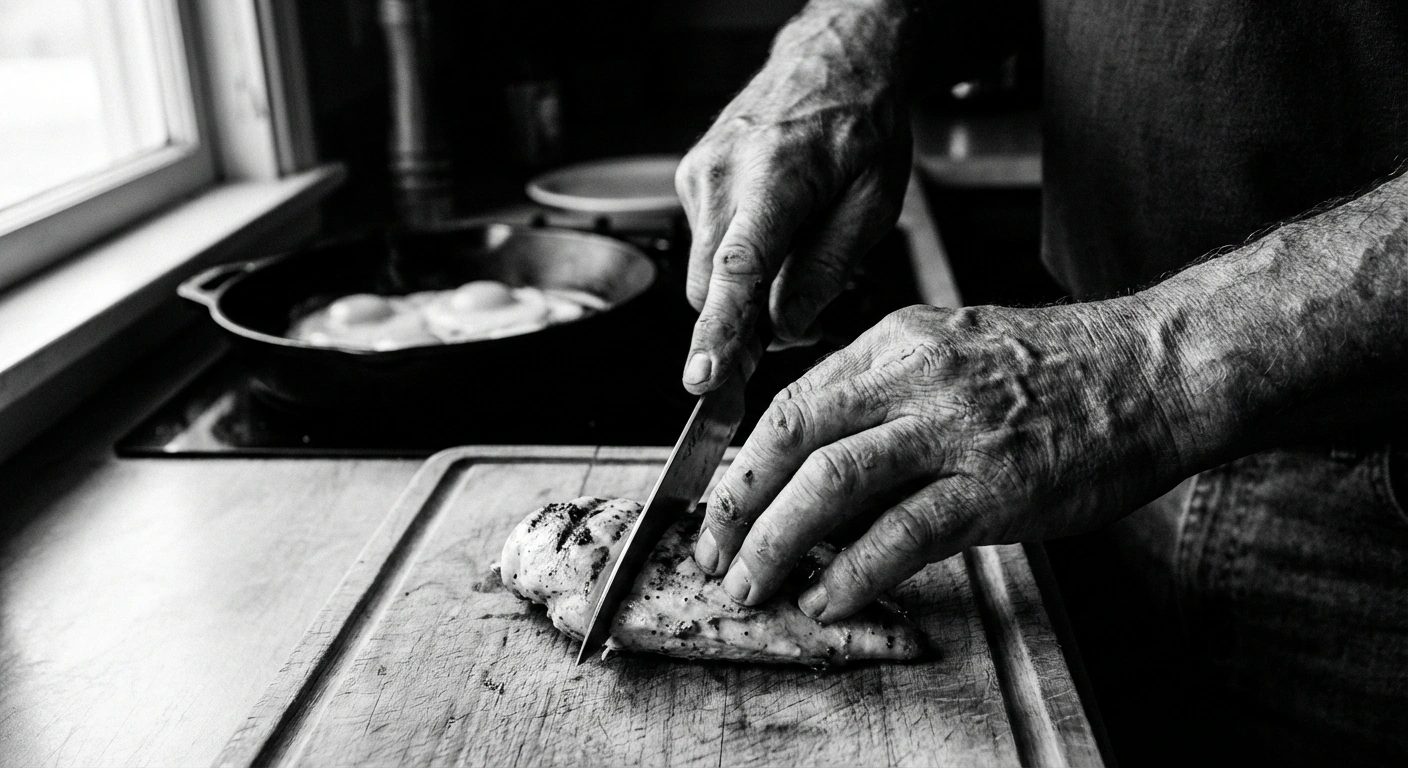 Black and white editorial photograph of hands preparing a high protein meal, slicing chicken on a cutting board, documentary style