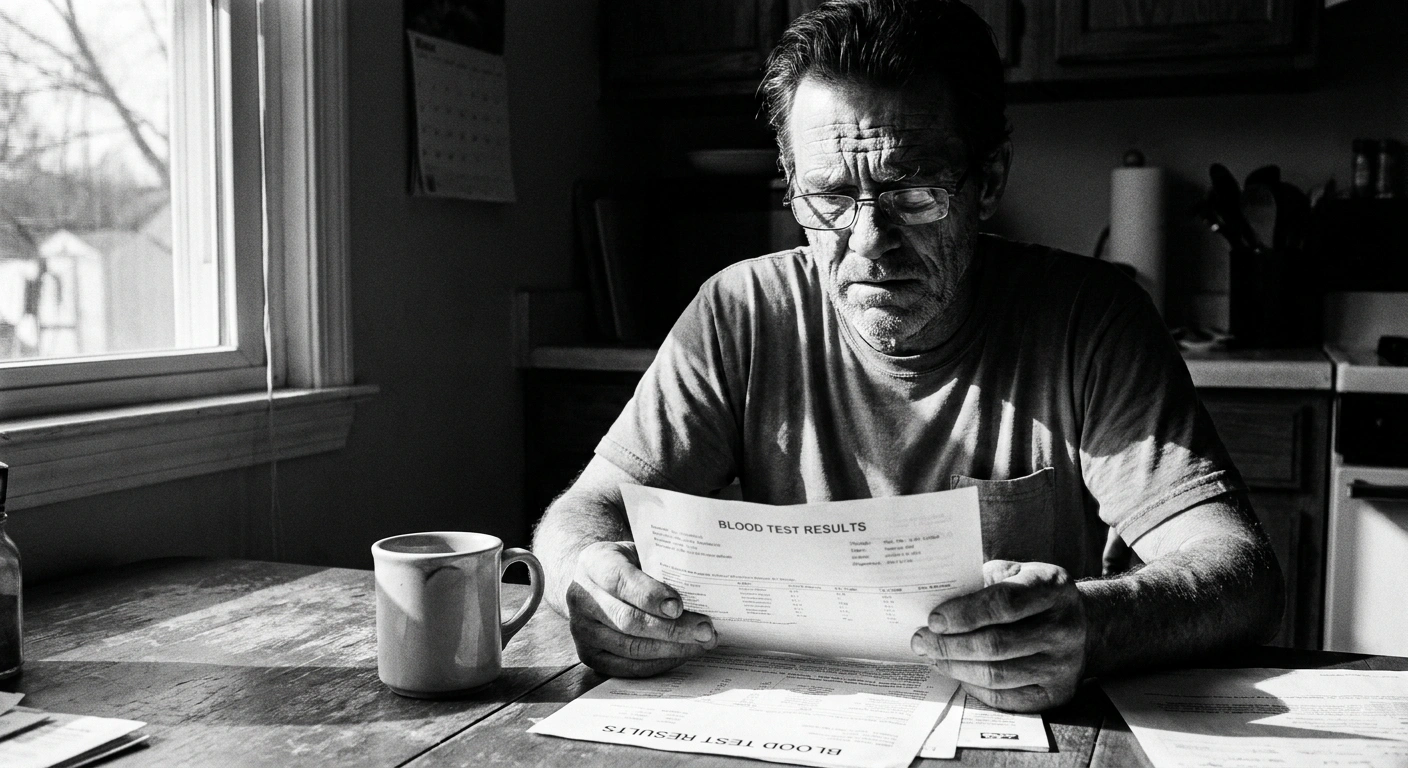Man in his mid-40s reviewing blood test results at a kitchen table, morning light, unretouched black-and-white documentary photograph