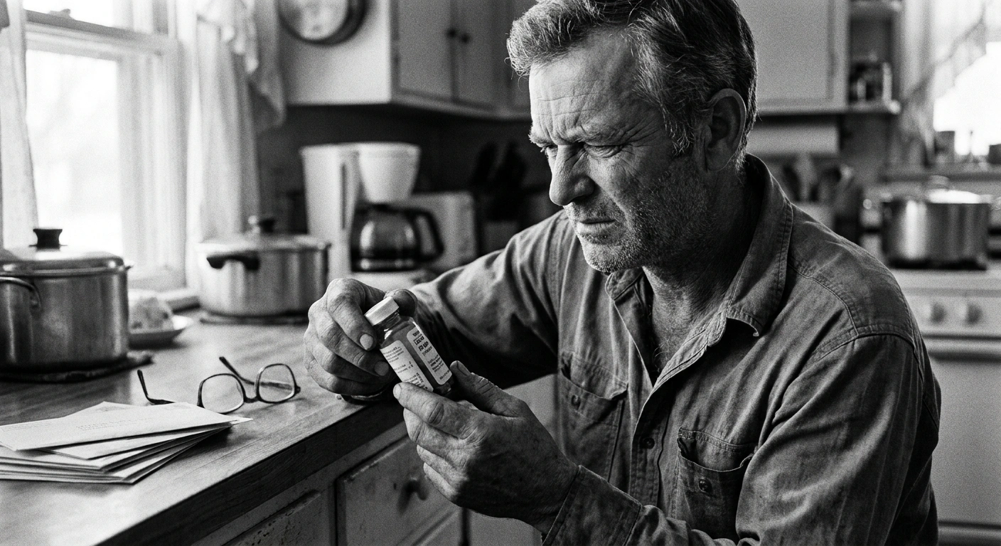 Man in his late 40s holding a glass of water and reviewing supplement bottles on a wooden desk, black-and-white documentary photograph