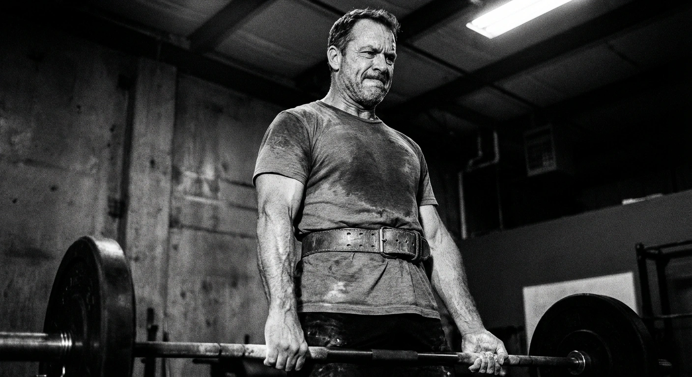 Black and white documentary photograph of a man in his 40s performing a barbell deadlift in a raw concrete gym, photojournalistic style