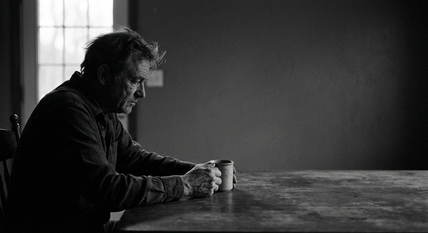 Black and white environmental portrait of a middle-aged man sitting alone at a kitchen table at dawn, contemplative mood