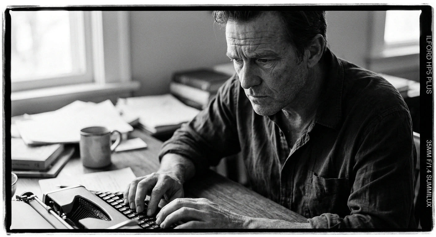 Man in his 40s working at a desk with focused intensity, black-and-white documentary photography