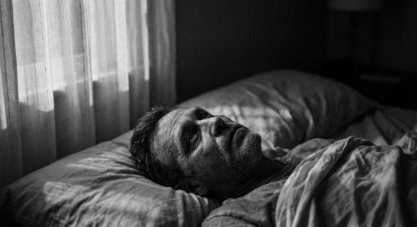 Black and white documentary photograph of a middle-aged man lying awake in bed at night, staring at the ceiling in dim ambient light