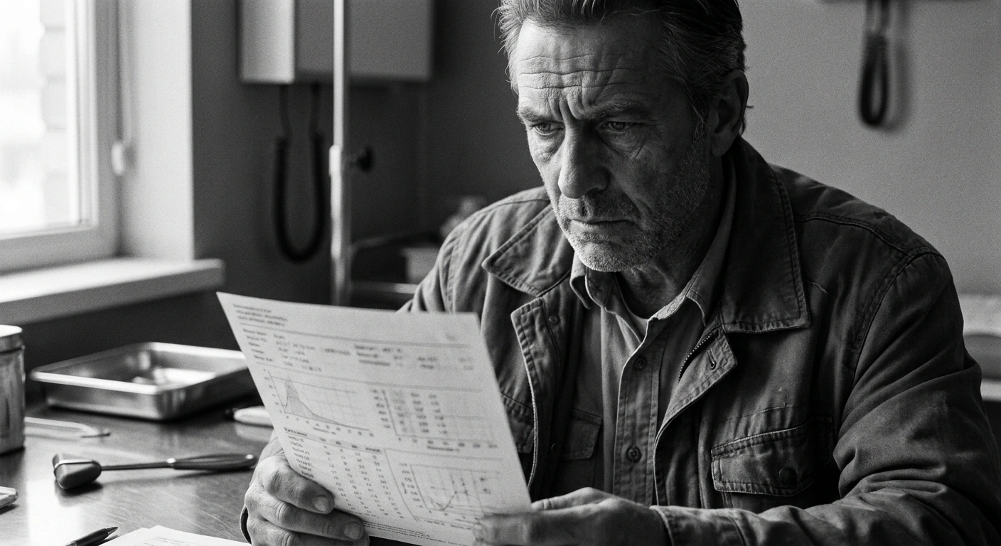 Man in his mid-40s reviewing blood test results at a clinic desk, black-and-white documentary photograph, available window light, unretouched