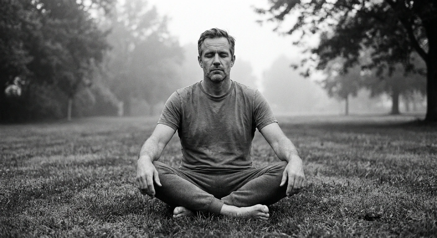 Man in his mid-40s sitting cross-legged on grass in an early morning park, eyes closed, barefoot, unretouched black-and-white documentary photograph
