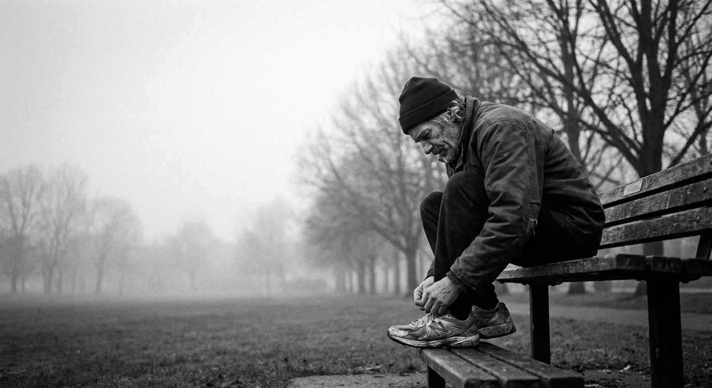 Middle-aged man tying his running shoes on a park bench at dawn, focused expression, black-and-white documentary photography