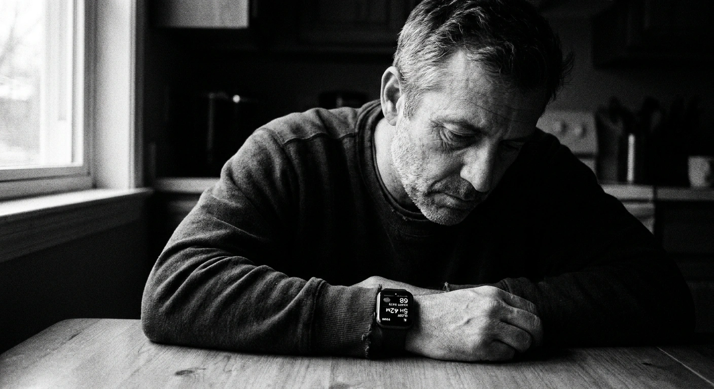 Middle-aged man in his late 40s checking his smartwatch at a kitchen table in early morning light, black-and-white documentary photography