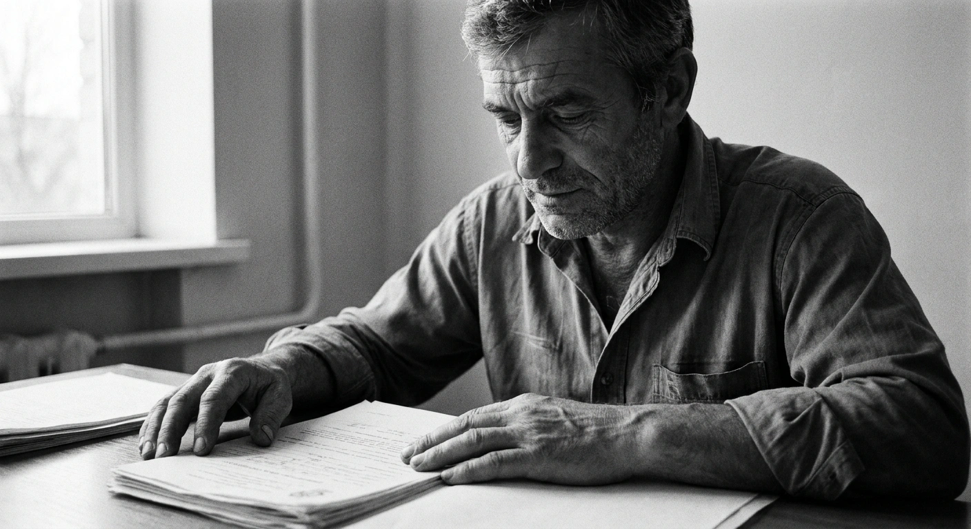 Middle-aged man sitting in a doctor's office reviewing lab results on paper, black-and-white documentary photograph, Leica M6, Tri-X 400, natural window light, unretouched