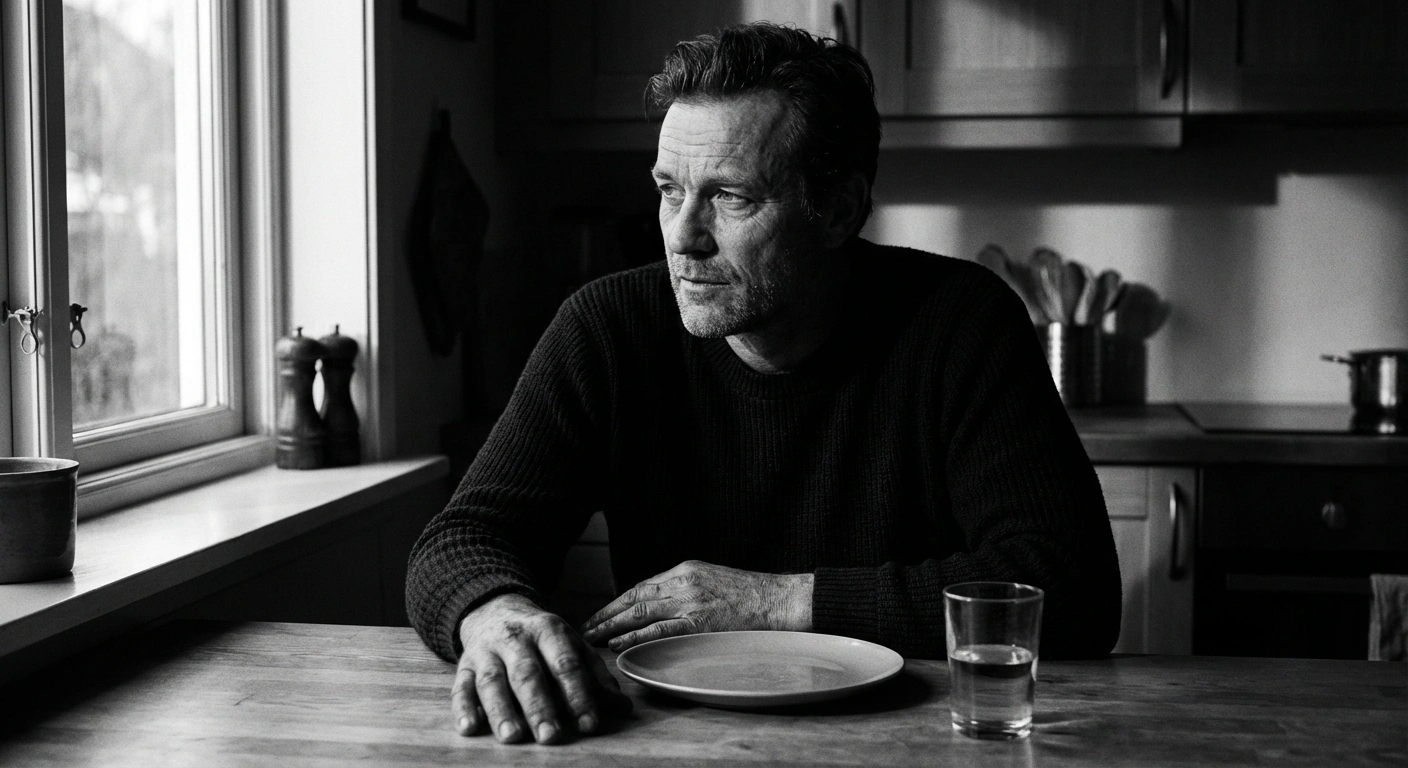 Black and white documentary photograph of a middle-aged man checking his watch before a meal, natural kitchen light, editorial style