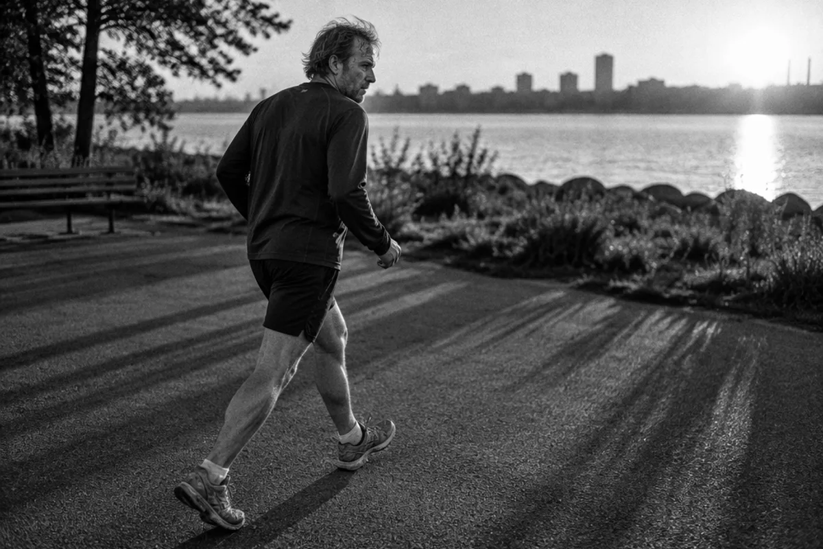 Man in his 50s walking fast on a paved trail in early morning light, shot on Leica M6 with 50mm Summicron, Kodak Tri-X 400, grainy black and white, documentary photography, visible weathered hands, unretouched