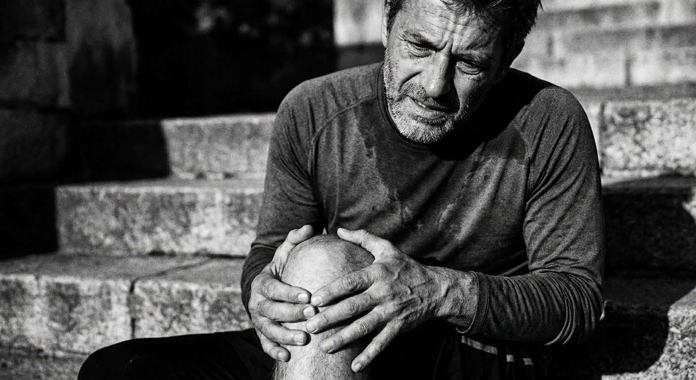 Middle-aged man sitting on steps massaging his knee after exercise, documentary black and white photography