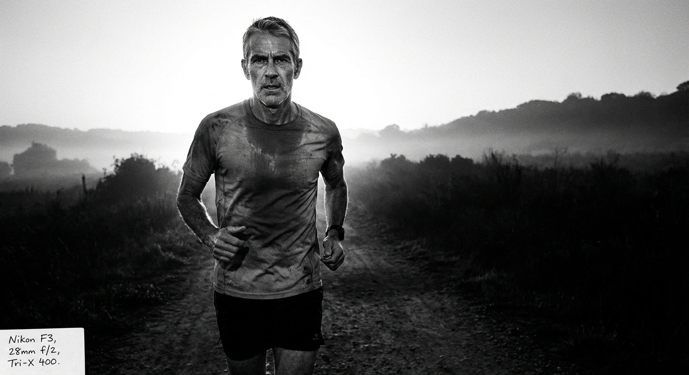 Black and white documentary photograph of a fit middle-aged man stretching outdoors in morning light, photojournalistic style