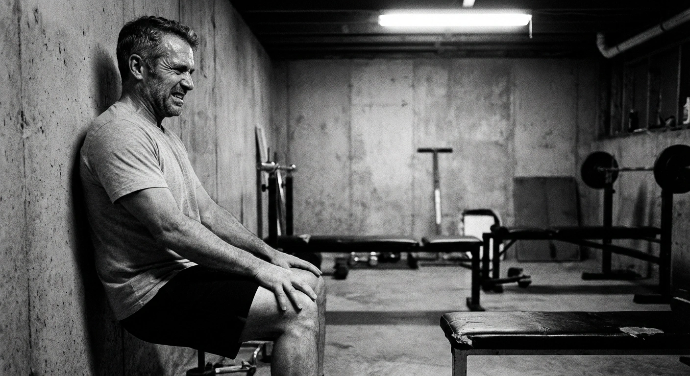 Black and white documentary photograph of a middle-aged man performing a wall sit exercise in a bare gym, gritty photojournalistic style, visible sweat and effort