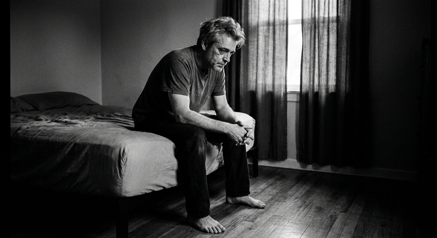 Middle-aged man in his late 40s sitting alone on the edge of a bed in the early morning, contemplative, unretouched black-and-white documentary photograph