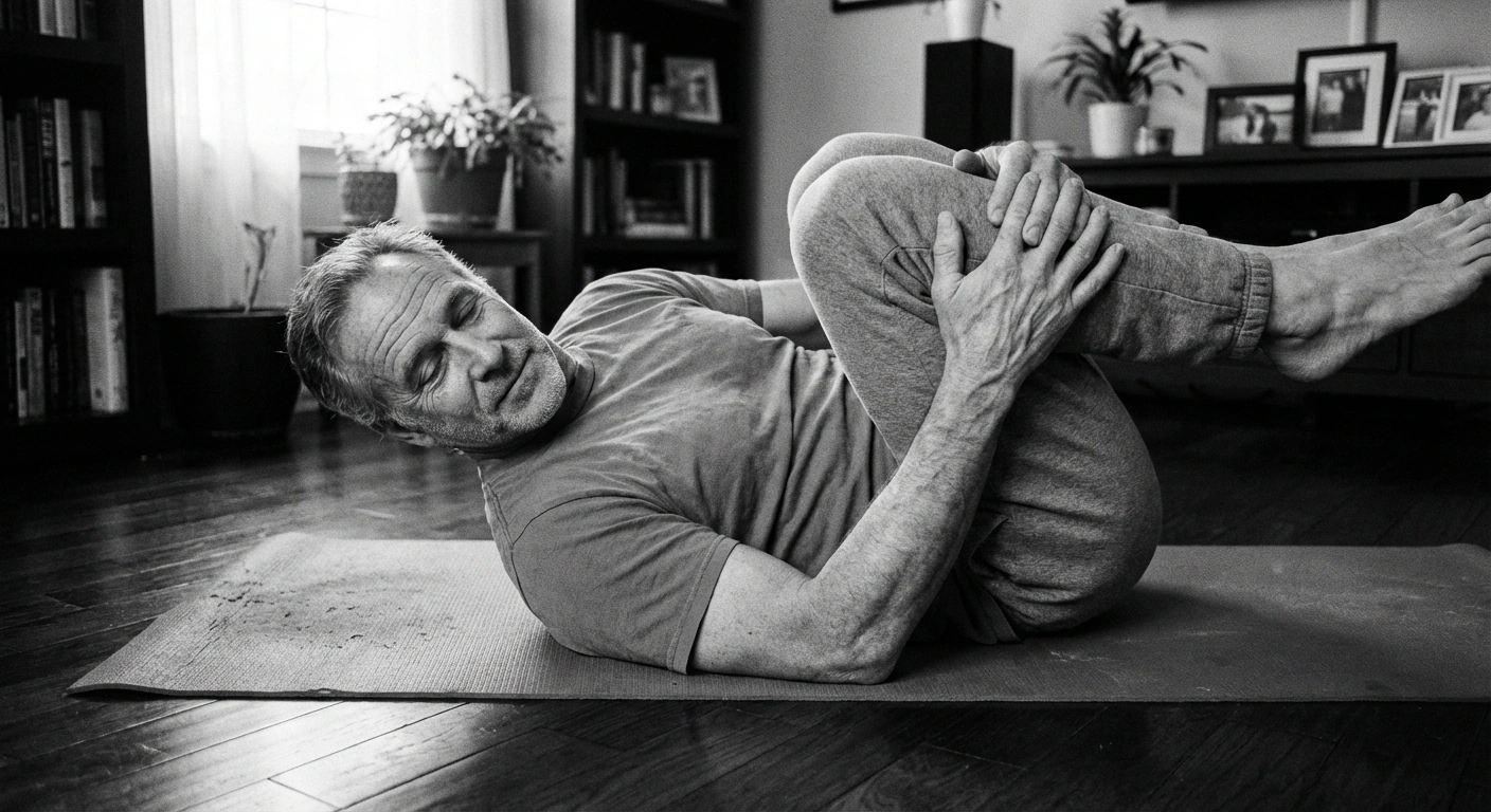 Man over 40 performing a lower back stretch on a yoga mat at home, documentary black and white photography