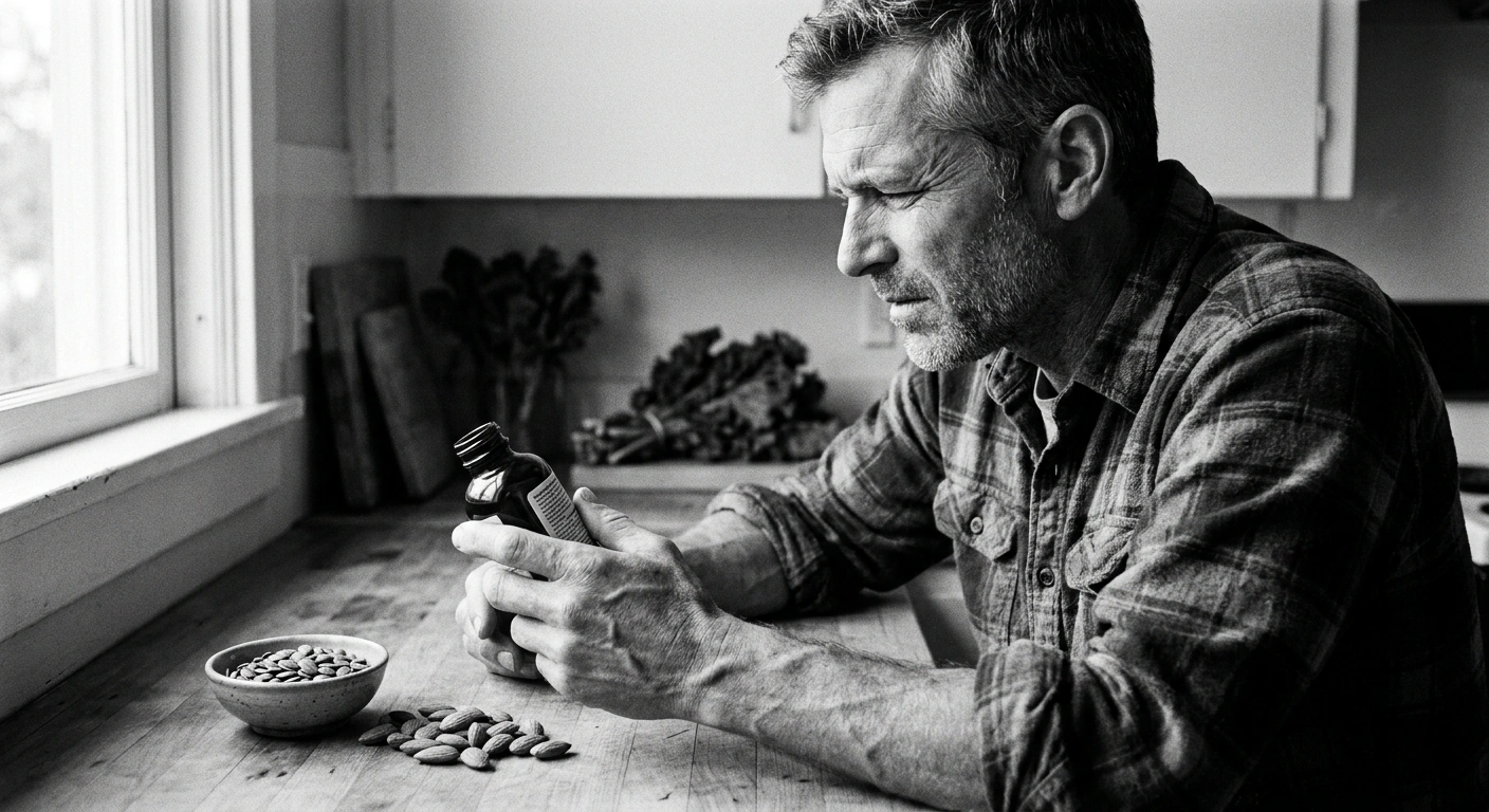 Middle-aged man with gray temples examining a supplement label at a kitchen counter with pumpkin seeds and almonds, black-and-white documentary photograph