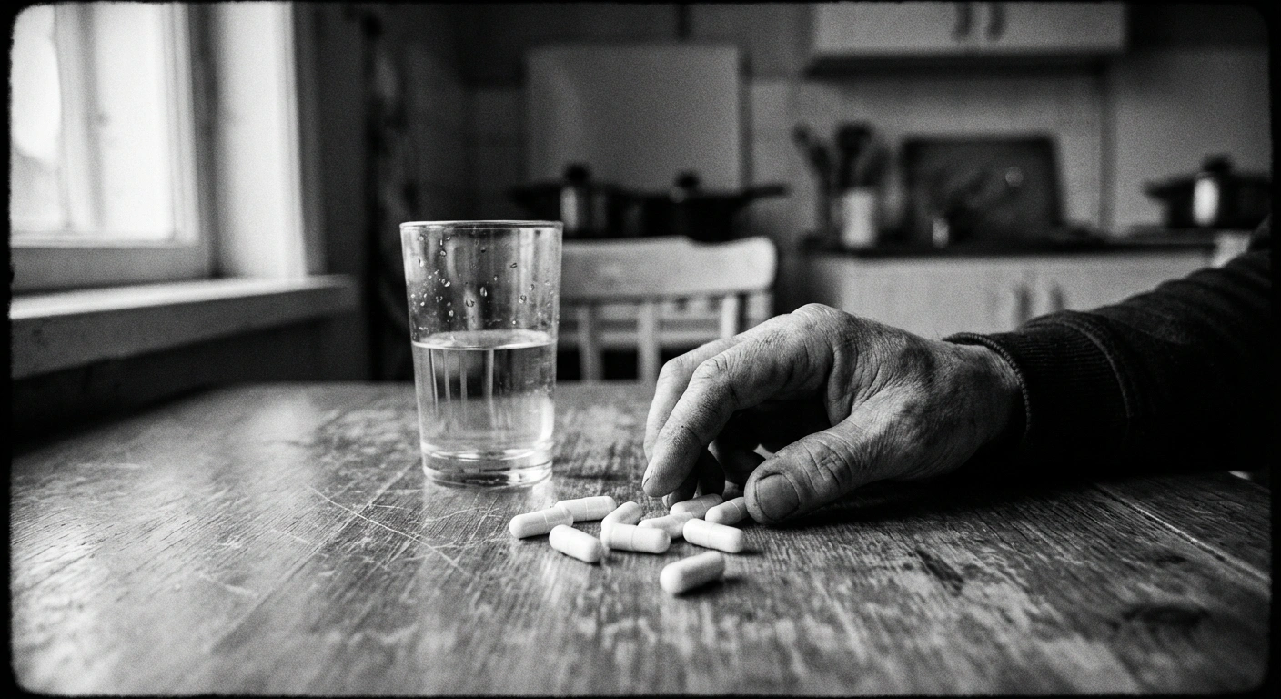 Black and white documentary photograph of magnesium supplement capsules scattered on a wooden table next to a glass of water