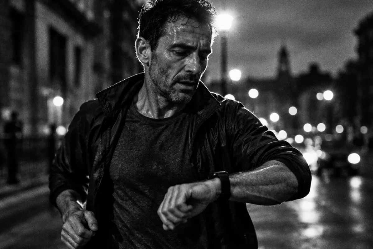 Man in his late 40s checking a heart rate monitor on his wrist during a hard run on a city street at dusk, shot on Leica M6 with 35mm Summilux, Kodak Tri-X 400, grainy black and white, sweat visible on temple, authentic documentary style