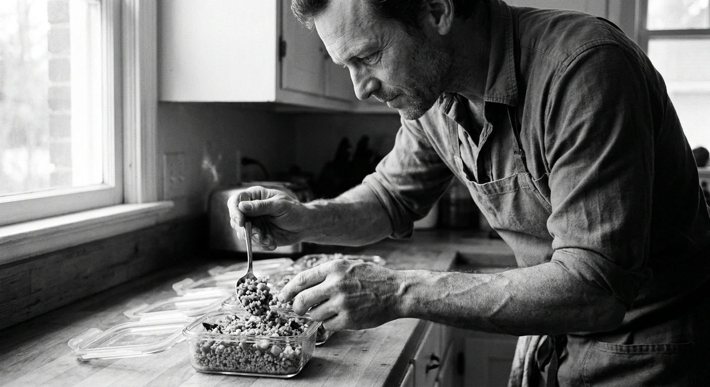 Black and white documentary photograph of a man in his 40s portioning cooked chicken and rice into glass meal prep containers on a kitchen counter, visible forearm veins, stubble, focused expression