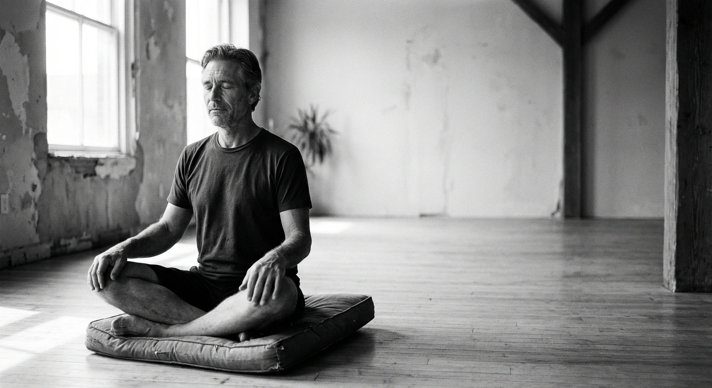Man in his 40s sitting in stillness by a window, documentary black-and-white photography