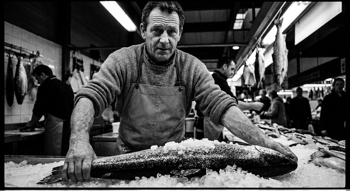 Middle-aged man examining a whole Atlantic salmon at a fish market counter, black and white documentary photograph