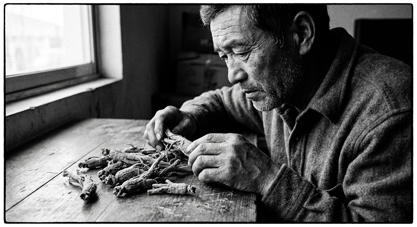 Middle-aged man with weathered hands examining dried ginseng root at a wooden table under natural window light, documentary black-and-white photograph