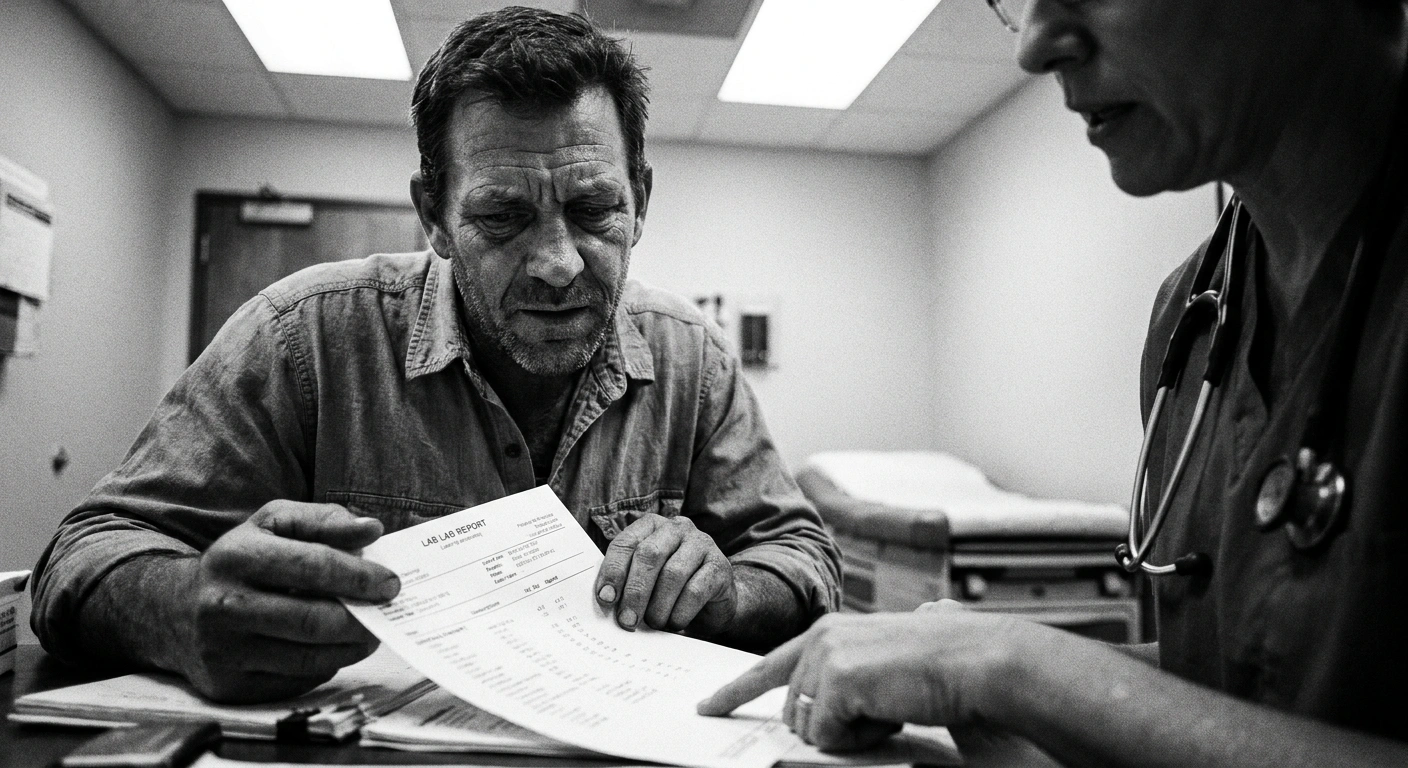 Middle-aged man reviewing blood test results with his doctor during an annual physical examination, black and white documentary photograph