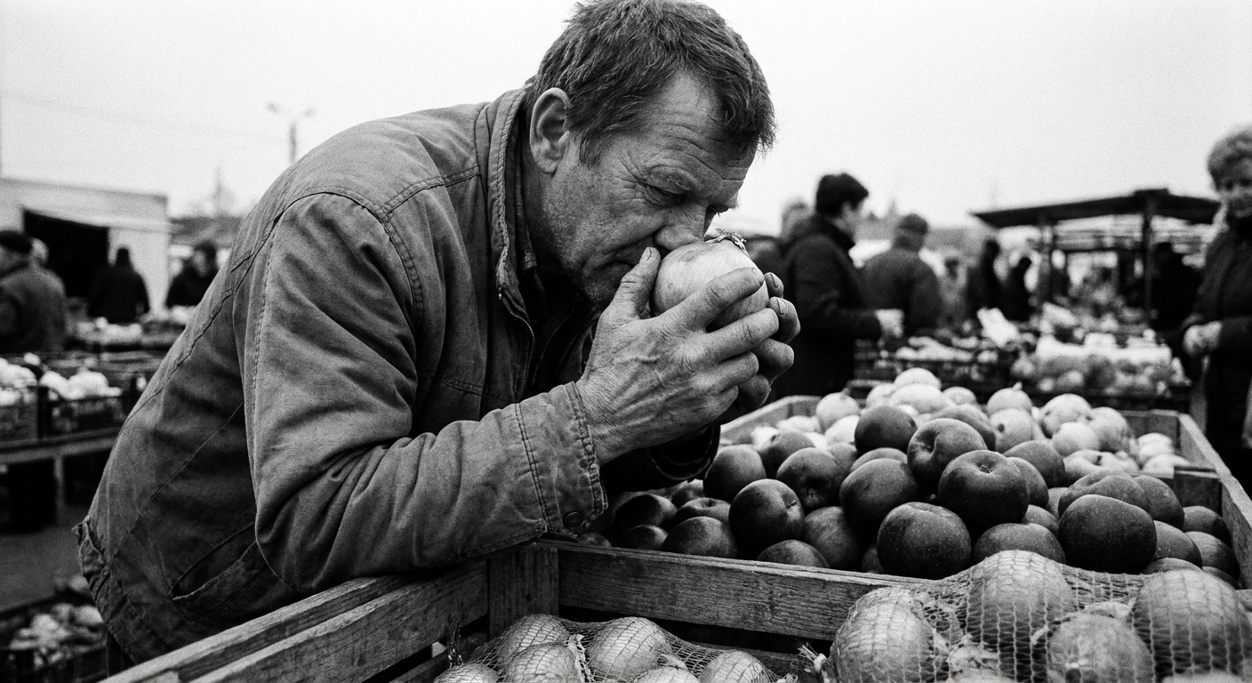 Middle-aged man at a farmers market examining yellow onions and apples with deliberate attention, documentary black-and-white photograph, Leica M6 with 35mm Summilux, Kodak Tri-X 400, natural market light, visible weathered hands and stubble, unretouched grain