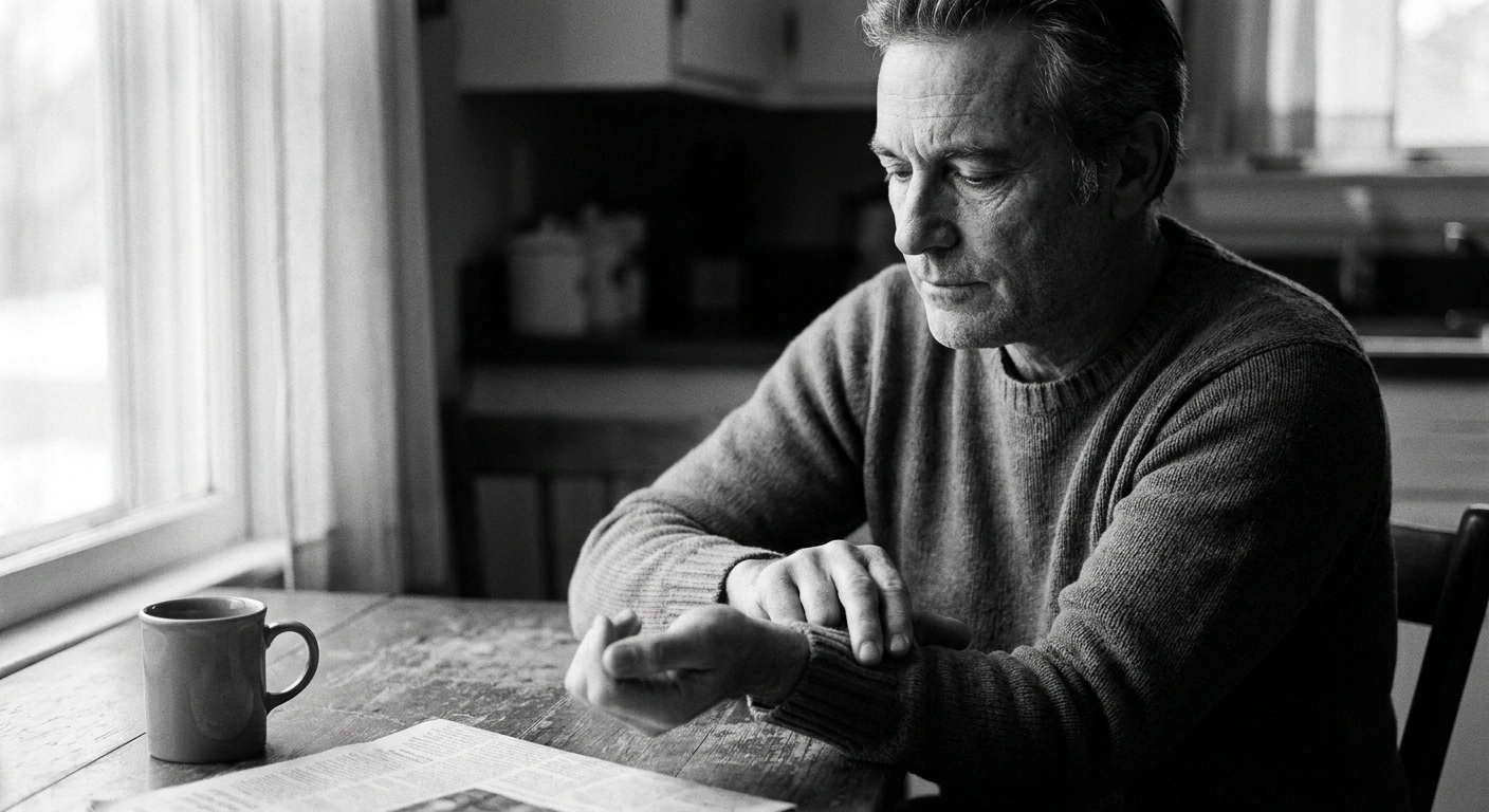 Middle-aged man in his late 40s pressing two fingers to his wrist to measure his pulse, shot in high-contrast black-and-white documentary photography